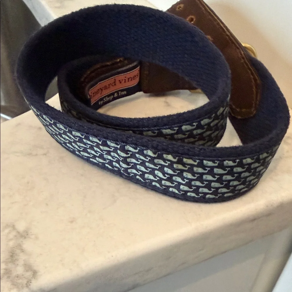 Vineyard Vines Navy and Brown Kids Belt with Gold Buckle